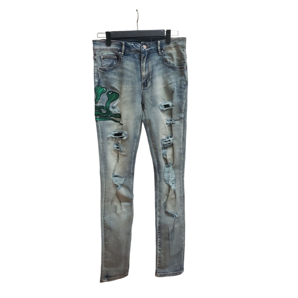 Mens Streetwear Jeans Size 30 Italy Pop Cobra Embroidered Skinny Cotton